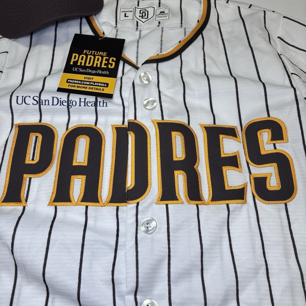 San Diego Padres Youth Large Baseball Jersey and Visor Set White Pinstripe NWT - Picture 2 of 12